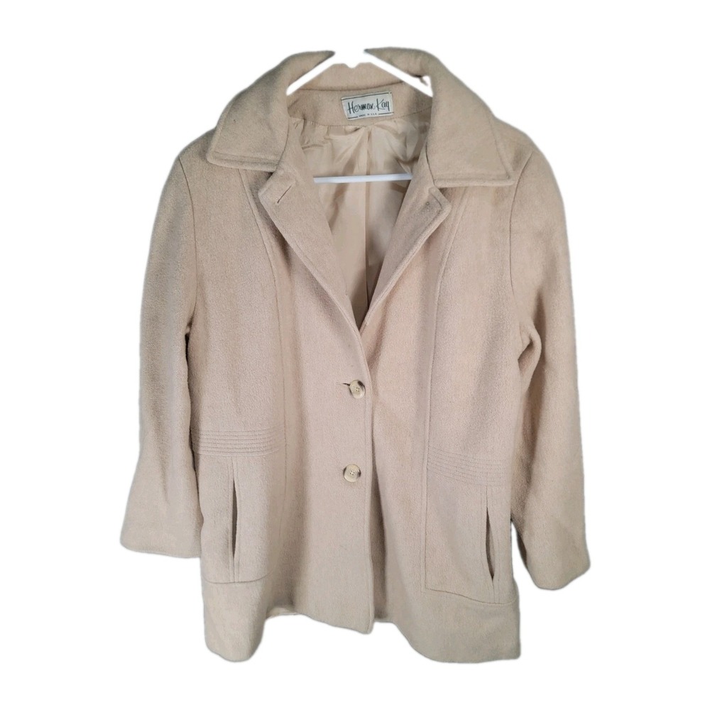 Vintage Herman Kay Wool Coat Womens L Beige Cream Car Coat Pea Jacket Made USA